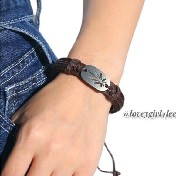 BROWN VEGAN LEATHER LEAF BRACLET #P1 - Picture 2 of 6